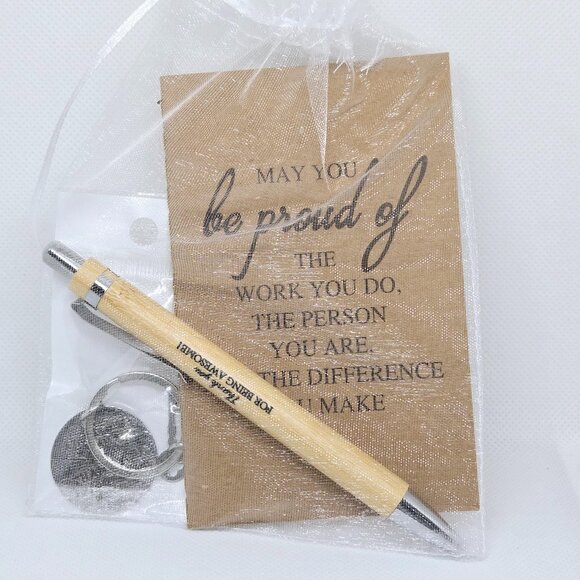 NEW RETIREMENT APPRECIATION TEAM SUCCESS NOTEPAD BAMBOO PEN KEYCHAIN ORGANZA BAG - Picture 2 of 7